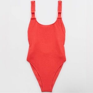Aerie Birthday Crinkle Scoopneck One Piece Coral Pink/Red Swim NWT